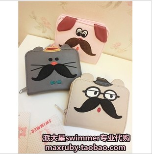 swimmer日系小胡子先生可拆卸PU软绵短款拉链钱包女钱包瑕疵品