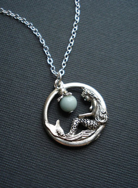 美国代购△Amazonite 手作梦幻蓝色渐变天河石美人鱼吊坠镀银项链