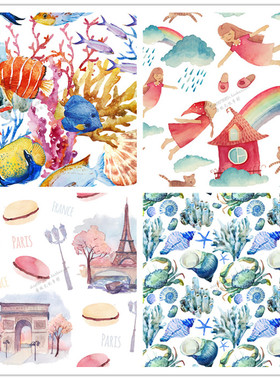 A2034矢量水彩热带鱼海螺螃蟹巴黎凯旋门马卡龙天使 AI设计素材