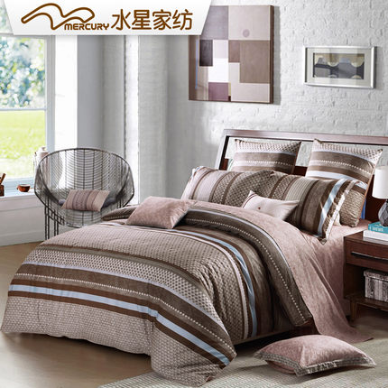 水星家纺 全棉斜纹印花四件套 浓情北欧 全棉条纹套件  新品