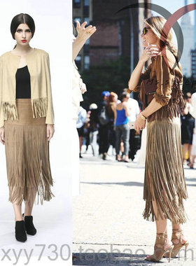 设计款浅驼色类麂皮绒蘑菇色羊皮反绒面流苏真皮中长裙半身裙女