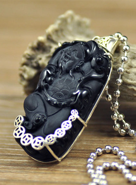 纯银镶嵌天然黑曜石毛衣链吊坠