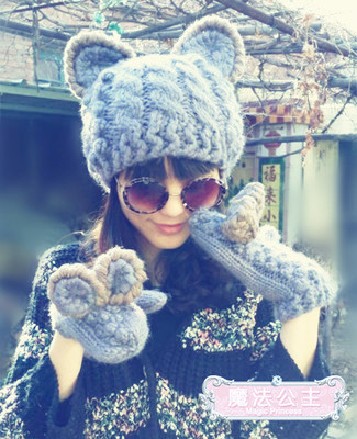 毛线帽子手套恶魔角猫耳朵韩版