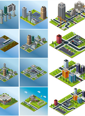 A3194矢量扁平化Isometric风格城市建筑大楼工地景观 AI设计素材