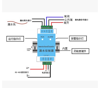 漏水报警控制器报警主机DIN导轨卡式安装继电器输出RS485电脑通讯