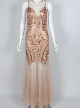 速卖通ebay2025夏爆款欧美时尚重工钉珠无袖性感亮片连衣裙长裙