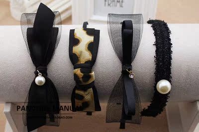 小香风定型网纱豹纹珍珠蝴蝶结