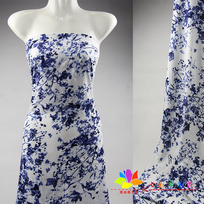 新品复古青花瓷人造棉服装面料春夏季连衣裙衬