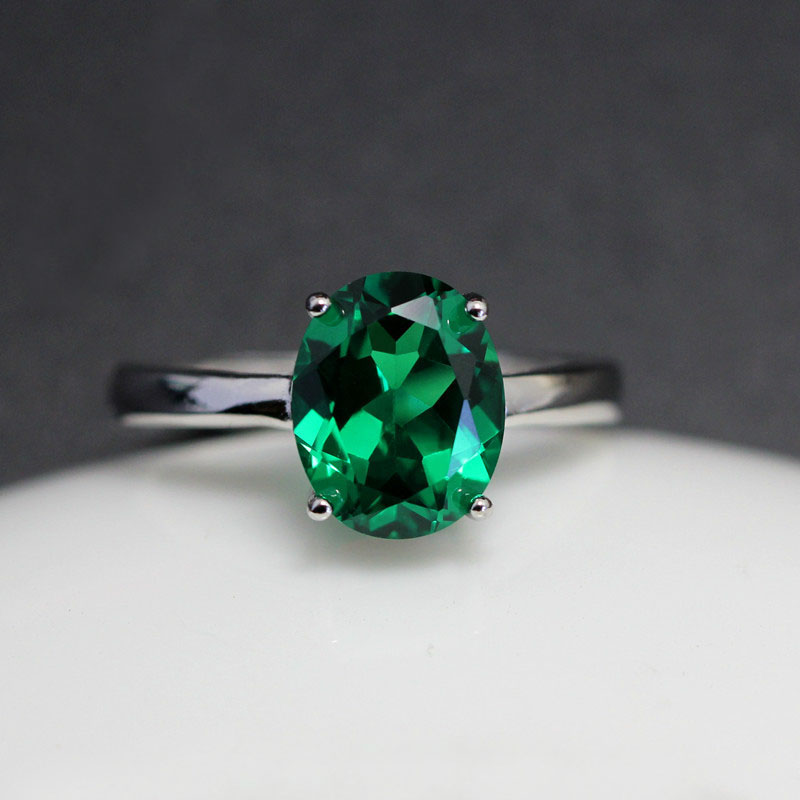 气质椭圆形祖母绿宝石戒指女纯银