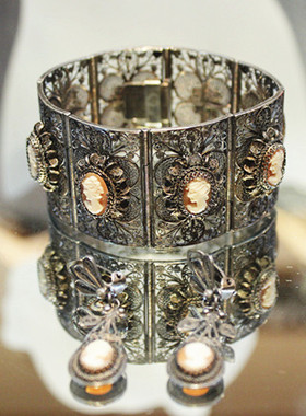 西洋古董珠宝首饰海外进口二手手工浮雕贝雕手排手镯耳环cameo