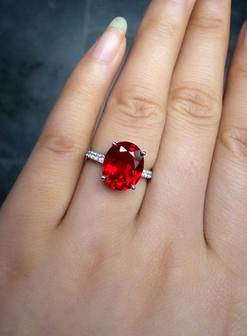 彩宝红宝石925纯银戒指镀18K白金镶钻椭圆形彩色宝石珠宝指环女款