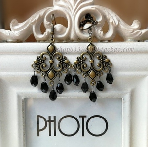 『尘逝』欧美哥特宫廷复古金属花纹女王暗黑系水晶耳环耳夹无耳洞