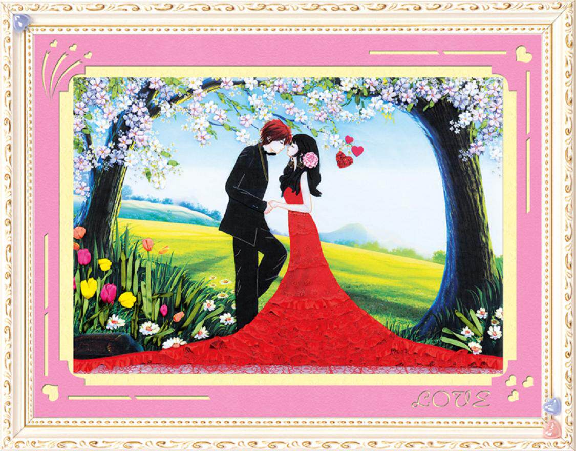 包邮DIY新款丝带绣客厅卧室婚庆挂画我们相爱了立体彩印非十字绣