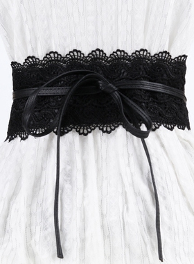 新款花边腰带连衣裙宽腰封 黑色女腰带宽 蕾丝流苏雪纺衫装饰配裙