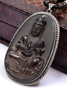 冰种黑曜石包边观音吊坠