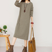 复古文艺范纯棉连衣裙秋冬季中长款打底裙子长袖宽松打底衫森女系
