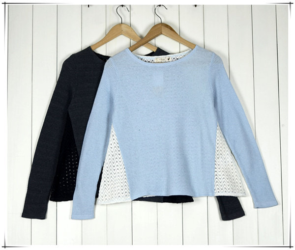 春秋装 森女风森林系小清新 日单earth music蕾丝拼接针织衫t恤