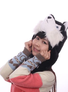 短款黑色哈士奇帽子卡通动物狼帽子灰太狼卡通帽子冬天保暖