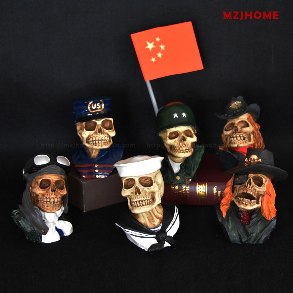 创意军人主题骷髅头摆件 万圣节角色摆件 海盗双叉到鬼头牛仔摆设