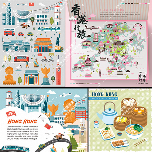 hong kong香港文化地图插画海报旅行美食建筑矢量eps源文件素材
