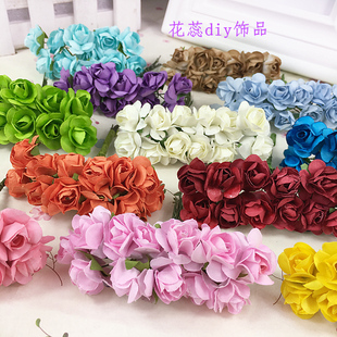 diy森女手工婚庆创意花环材料仿真纸花迷你小玫瑰花带铁丝花