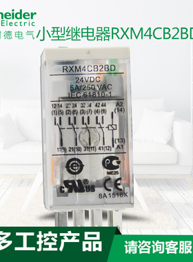 施耐德拔插式中间继电器 RXM4CB2BD 4CO 5A 带指示灯 DC24V