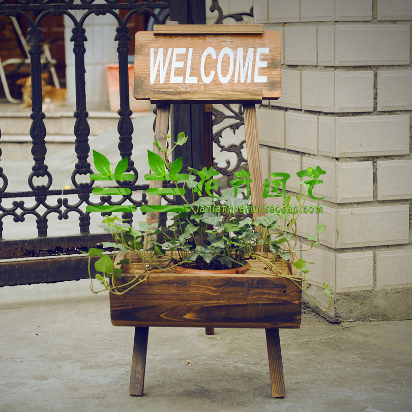 欢迎光临花架碳化木花盆防腐木花槽迎宾牌 welcome木制拍摄道具