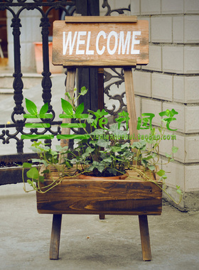 欢迎光临花架碳化木花盆防腐木花槽迎宾牌 welcome木制拍摄道具