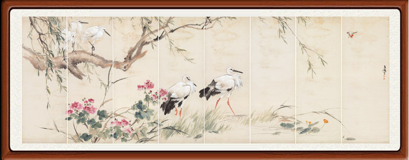 字画花鸟画客厅装饰画荷花牡丹王雪涛鸳鸯柳芙蓉通景八条屏赠装裱