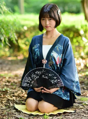 日式凤凰印花无扣蝙蝠袖女士和服