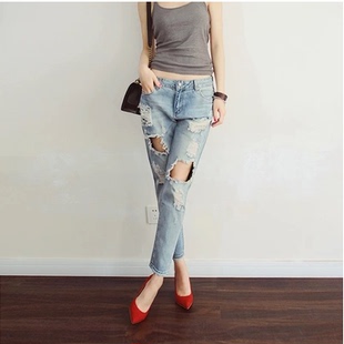 直筒宽松九分高腰显瘦哈伦萝卜老爹裤 2026年新款 女夏季 破洞牛仔裤