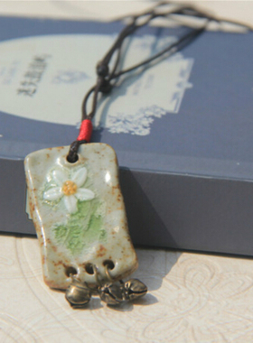 长方形花朵复古带铃铛棉麻毛衣链