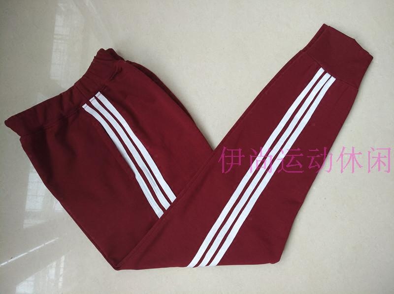 全棉酒红色经典3条道白同款长裤