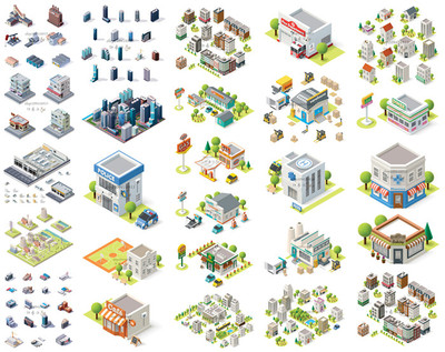 矢量设计素材 建筑轴测图扁平化Isometric工厂摩天大楼学校 EPS