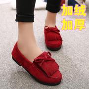 2015 winter season new Korean version of sweet bean shoes, women''''s shoes and wool bow tassels round flat shoes