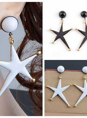 欧美饰品气质时尚百搭滴油珐琅黑白色五星五角星耳环耳饰女全铜件