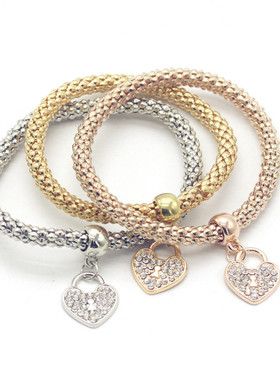 镶钻吊坠弹力合金手镯爱心锁