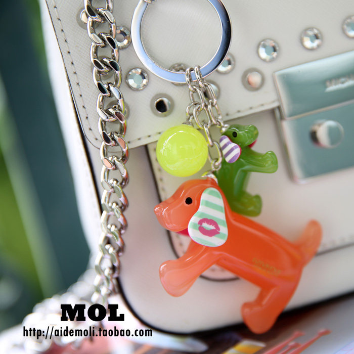 韩国进口 AZNAVOUR AZ 果冻糖果色可爱爱心两只狗狗 包挂钥匙扣