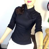 唐装 中式 茶艺师汉服 复古盘扣改良七分袖 萱卉旗袍上衣中国风女装