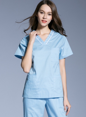 韩版女款夏季浅蓝色纯棉短袖医生洗手衣口腔诊所产后恢复刷手服