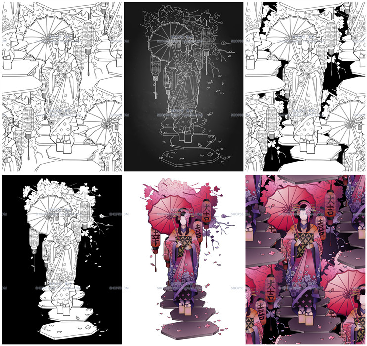 A0616矢量日本日式和服女子艺妓线稿插画 AI设计素材