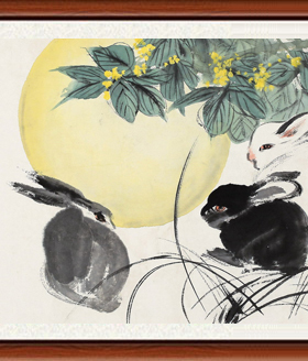 装饰画国画字画客厅真迹书法宣纸书画作品仿刘旦宅丹桂玉兔赠装裱