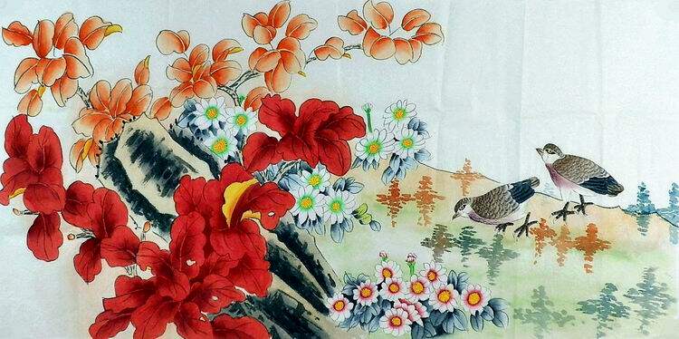 纯手绘国画装饰画热销YE011001四尺无款工笔画花鸟红叶鹌鹑136