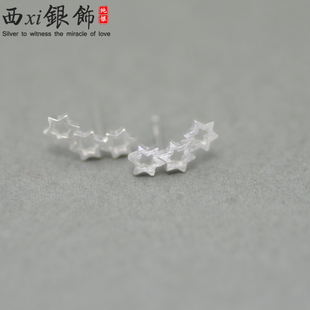 S925纯银耳钉女耳排气质素银拉丝三连六角圆形耳环银耳饰品礼物