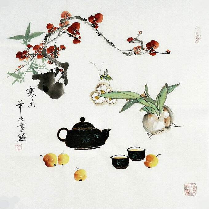 纯手绘字客厅厅装饰画大促F053032华杰三尺斗方国画花鸟茶道蟋蟀