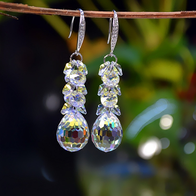 奥地利水晶耳环加长款S925银新娘气质夸张原创耳饰女情人节礼物