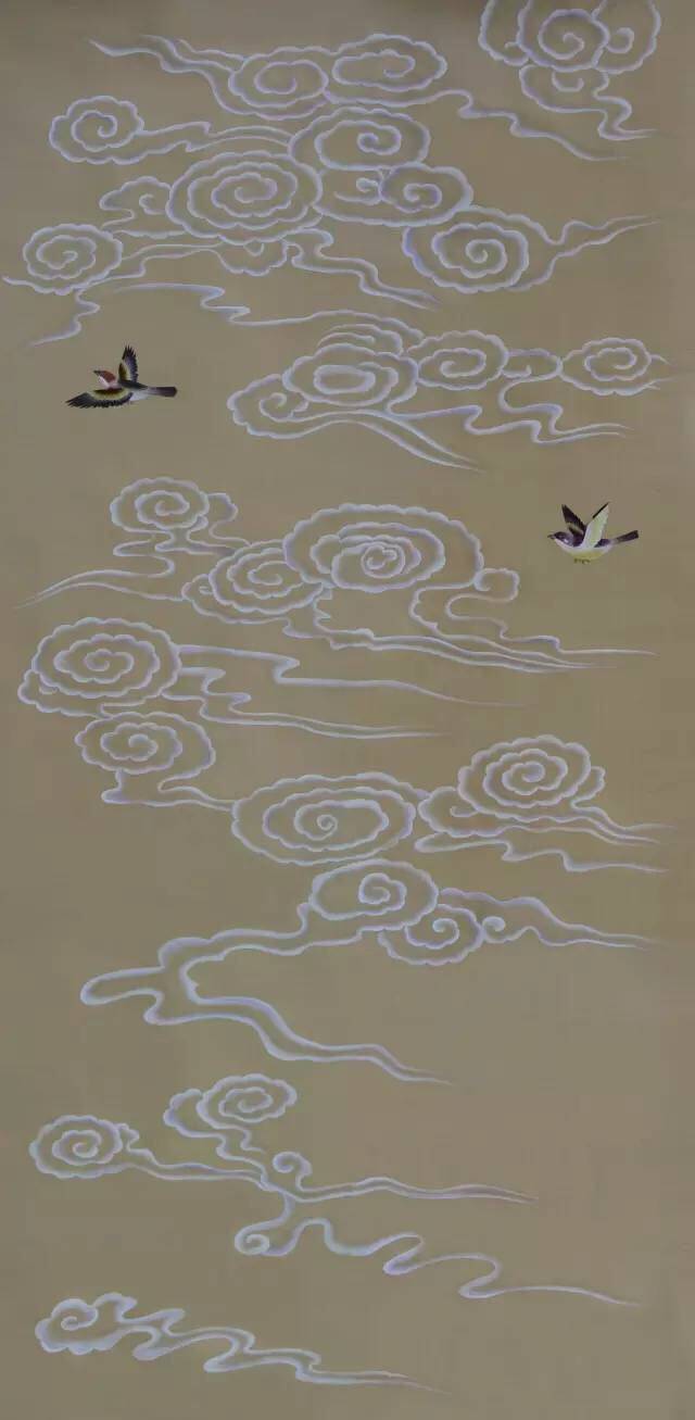 真丝手绘手绣祥云丝绸壁画壁布墙布新中式香槟色双宫绸手绘手绣