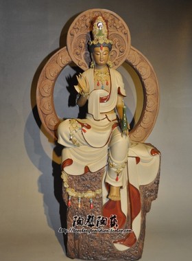 敦煌菩萨仿古祥云背光观音中式艺术石湾公仔陶瓷客厅酒柜玄关摆件