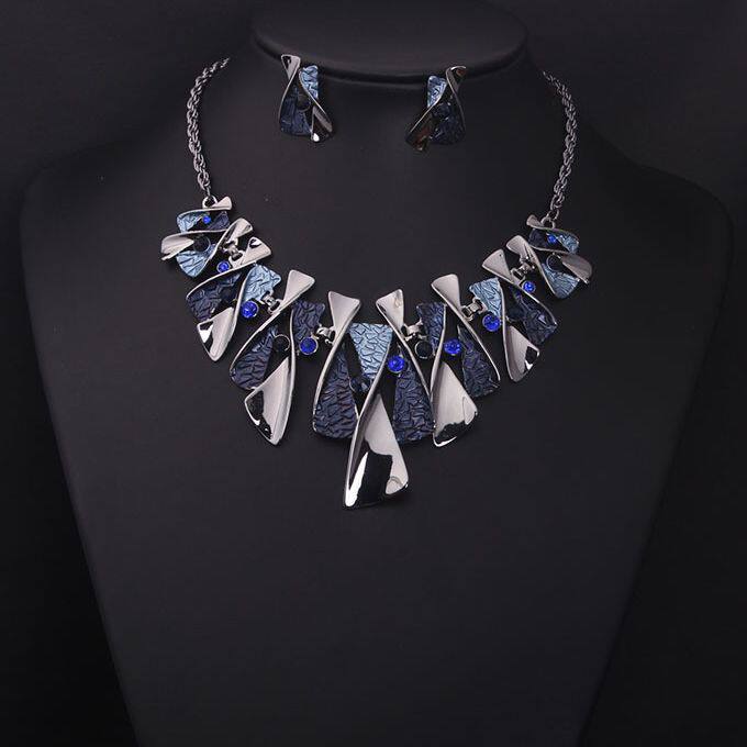 欧美高级首饰套装 原版时尚新娘礼服项链短锁骨奢华蓝色女配饰品