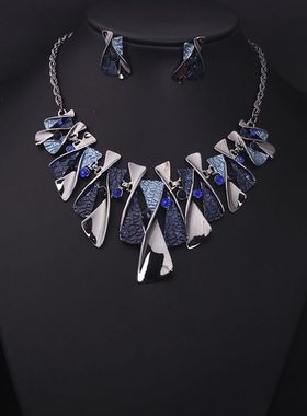 欧美高级套装时尚短锁骨蓝色项链